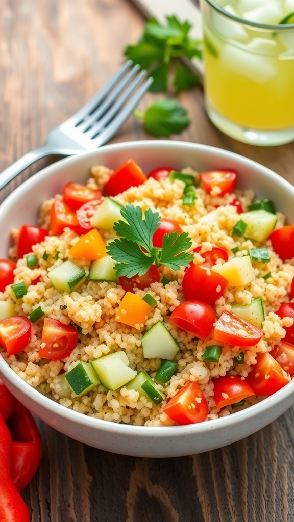 A colorful quinoa salad with cucumbers, cherry tomatoes, and bell peppers, garnished with parsley on a wooden table.